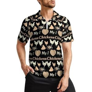 I Love My Chicken golfpoloshirts voor heren, klassieke pasvorm, T-shirt met korte mouwen, bedrukt casual sportkleding top, 2XL