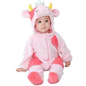 Doladola Baby Hooded Onesies Cartoon Animal Romper Baby Loungewear Pasgeboren Outfits Jumpsuit (Roze Koe, 0-3 maanden)