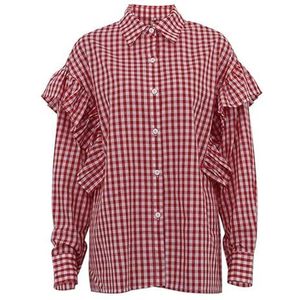 OHERUWKLS Gestreepte Shirts Met Lange Mouwen Voor Dames Ruches Katoen Casual Geruite Tops Met Knopen,Rood,L