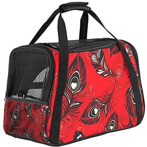 Pet Travel Carrying Handtas, Handtas Pet Tote Bag voor Kleine Hond en Kat Zwarte Pauwenveer Op Rood