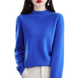 CUSON Kasjmier truien voor vrouwen, 100% kasjmier lange mouwen ronde hals zachte warme trui gebreide truien, Klein Blauw, XL