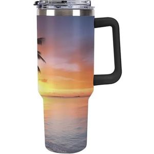 RTFGHJS 40 oz Tumbler Seaside Palmboom Zonsondergang Geïsoleerde Beker, Reizen Koffiemok met Rietjesdeksel, Roestvrijstalen Waterfles Vacuüm Geïsoleerde Tumbler voor Sport Werk Auto Reizen Weekends