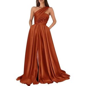 KIYNE Dames galajurken met één schouder en steekzakken, mouwloos, A-lijn baljurk korset, formele jurk, Verbrand Oranje, 32
