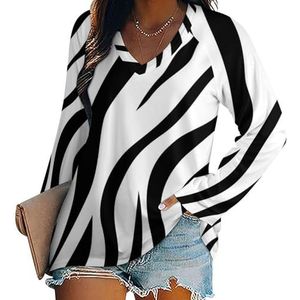 Skin Zebra Casual T-shirts met lange mouwen voor dames, V-hals, bedrukte grafische blouses, T-shirt, tops, 4XL