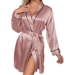 DUNSBY Satijnen Badjas Effen Satijn Sexy Nachtjas Elegante Lange Mouw V-hals Huisgewaad Met Riem Vrouwen Nachtkleding Nachtkleding Badjas, roze, XL