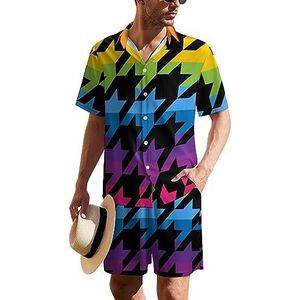 Rainbow Houndstooth Tweed Hawaiiaanse pak voor heren, 2-delige strandoutfit, shirt en korte broek, bijpassende set