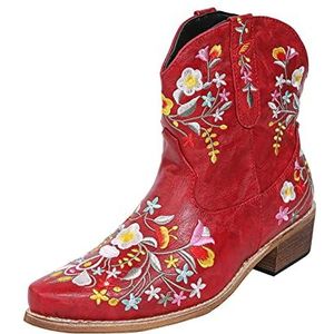 Dames Bedrukt Cowgirl Enkellaarzen, Mode Geborduurd Grove Hak Mid Calf Laarzen, Kunstbontvoering Winter Slip-on Leer Snip Toe Western Korte Laarsjes,Rood,38