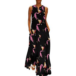 Schattige kerstman flamingo dames enkellengte jurk slim fit mouwloze maxi-jurk casual zonnejurk M