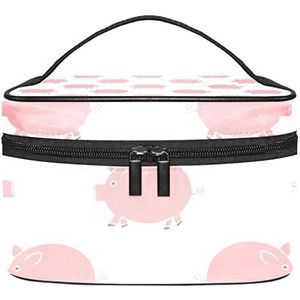 Roze geel groen donutpatroon make-up tas voor vrouwen meisjes cosmetische tassen met handvat reizen make-up organizer tas, Little Pink Varken Patroon Cartoon, 8.9x5.9x5.4 Inches, Make-up zakje