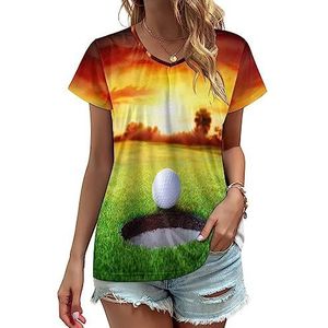 Sunset Ball In Hole - Golfen Dames V-hals T-shirts Leuke Grafische Korte Mouw Casual Tee Tops 3XL