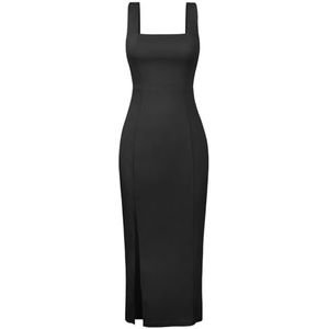 Sexy Bodycon-jurk met Hoge Split voor Dames, Effen Sling-avondjurk met Vierkante Hals(Color:Black,Size:M)