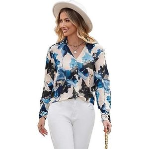 dames topjes Overhemd met knopen aan de voorkant en bloemenprint - Casual overhemd met lange mouwen en kraag for dames (Color : Multicolore, Size : X-Small)