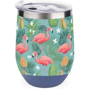 Flamingo Tropische Bloemen 12oz Wijn Tumbler Met Deksel Roestvrij Staal Cup Dubbelwandige Vacuüm Geïsoleerde Koffie Mok