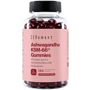 Ashwagandha KSM-66® Gummies met Vitaminen B6 en B12 – 1500 mg Wortel (120 mg Extract per Gummy) – 120 Vegan Gummies met Kersensmaak – Voor 4 Maanden – Zenement
