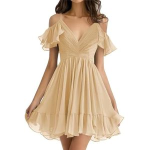 WSEYU Chiffon bruidsmeisjes jurken kort off-shoulder A-lijn ruches geplooide prom avondjurk, Champagne, 42