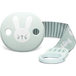 Suavinex 306631 - Broche met fopspeen band voor baby's + 0 maanden, ronde klem, met nieuwe kleine plaquet, 0% BPA, groen,Lichtblauw en wit
