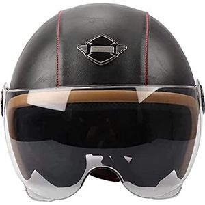 Volwassenen Vintage Motorfiets Jethelmen, Demi-Jet Scooter Heren Jethelm Handgemaakte Lederen Motorhelm Retro Motorcrosshelm ECE-Gecertificeerde Helm A,L=58-60CM