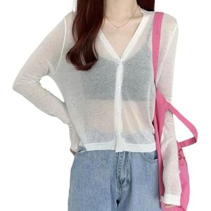 Gyios Ladies Tops Women's Long Sleeve Ice Silk Cardigan Button Black V-neck Thin Cardigans For Women Summer Sunscreen-white-xl