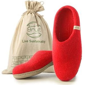 Grült Felt Slippers Red 43, gemaakt van schapenwol met lederen zool, vilten pantoffels voor dames, heren | pantoffels | vilten schoenen, Rot