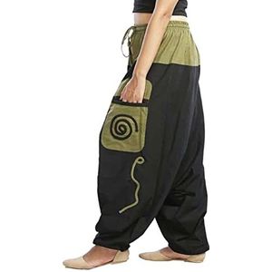 Simandra Harembroek, fair trade, uniseks, Aladdinbroek met borduurwerk, comfortabele en veelzijdig inzetbare pompbroek, baggy broek, handgemaakt in Nepal, zwart-groen, L/XL