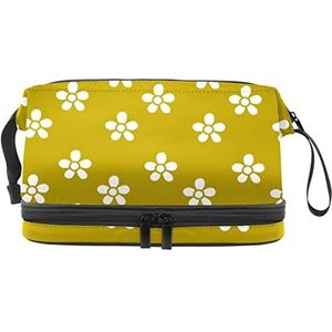 Grote capaciteit reizen cosmetische tas, witte kleine bloemen gele achtergrond, make-up tas, waterdichte make-up tas organisator, Meerkleurig, 27x15x14 cm/10.6x5.9x5.5 in