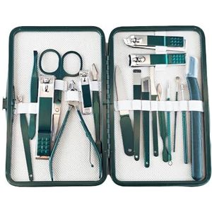 KuqitsBai Manicureset, 7/15/18-delig, pedicureset, nagelset, nagelknippers, gepolijst roestvrij staal, nageletui voor nagelverzorging, beauty, thuis en op reis, jadegroen, 18 stuks