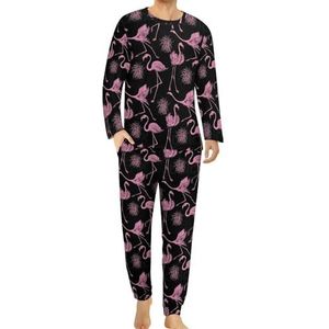 Roze Flamingo Comfortabele Heren Pyjama Set Ronde Hals Lange Mouw Loungewear met Zakken 4XL