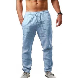 Katoenen Linnen Herenbroek Zomer Casual Broek Met Zakken Zomerbroek Strandbroek Heren Herenbroeken Yogabroek Van Katoen En Linnen joggingbroek(Light blue,L)