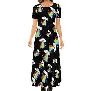 Rainbow Blast dames zomer casual korte mouwen maxi-jurk ronde hals bedrukte lange jurken 4XL