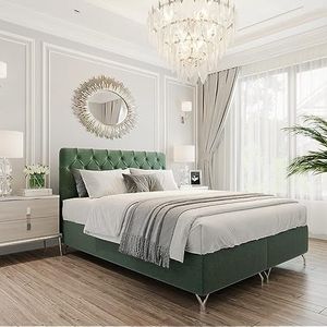 Boxspringbed GracePLUS 160x200 cm groen tweepersoonsbed met bonellmatras topper en bedkast glamour gestoffeerd bed met zilveren 12 cm poten modern slaapkamer vintage slaapkamerbed