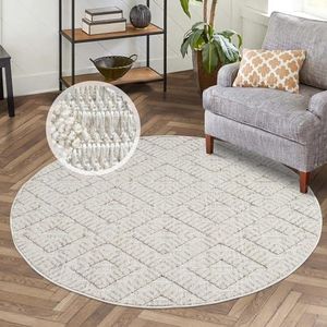 carpet city Laagpolig tapijt woonkamer crème - 120 cm rond - ruitlook, 3D-look - moderne tapijten boho voor slaapkamer, eetkamer