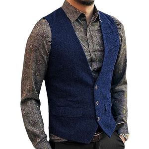 Dvbfufv Heren Kostuum Vest Wol Tweed Vest Jas Slim Business Groomman Bruiloft Vesten Lente Royal Blue L