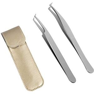 Lunamoon Wimperverlenging, pincet voor wimpers, rechte en gebogen puntige uiteinden, nipper 2 stuks, professionele roestvrijstalen precisiepincetten, set (tweezers set04)