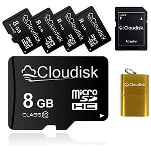 Cloudisk 5Pack 8GB Micro SD-kaart 8 GB MicroSD geheugenkaart Class10 met SDAdapter + Kaartlezer, Bulk Sale 5 stks