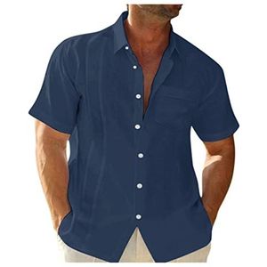 Herenoverhemd Linnen Katoen Strandoverhemd Met Korte Mouwen, Regular Fit Kampoverhemden Zomer heren t-shirt(Blue B,XXL)