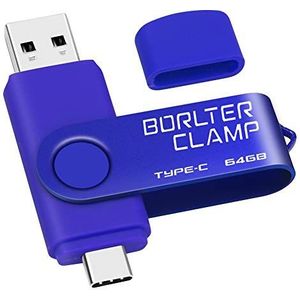 64GB Type C USB-stick, BorlterClamp USB 3.0 Geheugenstick 2 in 1 OTG USB-Flashstation voor Android-Smartphones Samsung S10/S9/S8/Note 9, LG, Huawei, enz., Tablets en Computer (Blauw)