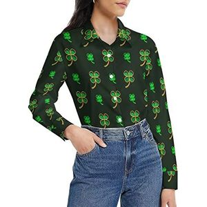 Ierse Four Leaf Lucky Clovers Happy St. Patrick's Day damesshirt lange mouwen button down blouse casual werk shirts tops 5XL