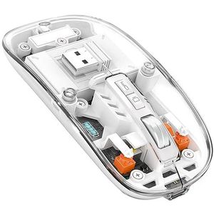 MAGIC-REFINER Draadloze Muis, 2.4 GHz of Bluetooth 5.0 Wireless Mouse, Stille Klikken, Oplaadbare, 2400DPI USB-C Transparante Gaming Mouse, Batterijniveau Zichtbaar, Laptop/Win/Mac/Chrome, Wit