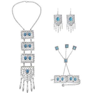 Vintage zilverkleurige metalen rood blauwe steen ketting armband oorbellen sets for vrouwen bohemien zigeuner feest cadeau etnische sieraden set (Color : Blue Jewelry sets)