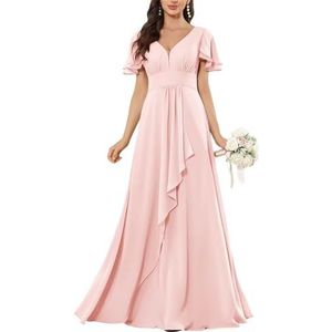 HPPEE Flutter Mouw V-hals Chiffon Bruidsmeisjesjurken voor Vrouwen Ruches A-lijn Maid of Honor Formele Avondjurk, Blush Roze, 32