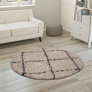 Hoogpolig tapijt, zachte shaggy voor de woonkamer in Scandinavische stijl met ruitmotief, Maat:Ø 200 cm rondje, Kleur:Beige-Antraciet