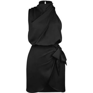 Mode Satijnen Mouwloze Halterjurken voor Dames, Bodycon Cocktailparty Mini-jurk(Color:Black,Size:M)