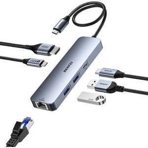 BENFEI 6-in-1 USB C Hub met HDMI (4K@60Hz), 2 USB-A, 1 USB-C Data, 100W Opladen, Gigabit Ethernet, Silicone knoopvrije kabel Compatibel met MacBook Pro/Air, iPad Pro, iMac, iPhone 15 Pro/Pro Max