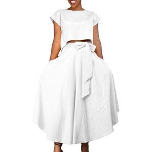 Elegante 2-delige Outfits Voor Dames Ronde Hals Korte Mouwen Casual Crop Top En Hoge Taille Onregelmatige Zoom Zwierige Maxi Rok Set (Color : White, Size : 3XL)