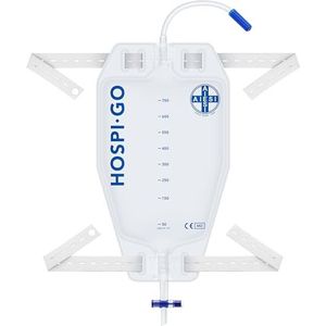 AIESI® Urine opvangzak voor been herbruikbare 750 ml capaciteit buis van 10 cm met dwarsaftapkraan (T) en terugslagklep HOSPI-GO (Pak van 50 stuks), Ademende non-woven achterkant