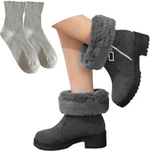 Höst Vinter Stövletter Dam Varma Plysch Foder Snö Boots Block Klack Stövlar Vattentät Mocka Korta Stövlar Utomhus Bomullsskor Vintage Worker Booties(Gray,37 EU)