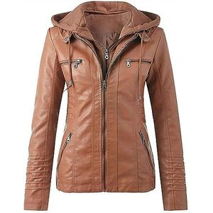 Imitatieleren Damesjack Met Capuchon, Motorbikerjack, Geplooide Overjas Met Volledige Ritssluiting, Casual Jas, Warme Tops Met Capuchon(Orange,6XL)