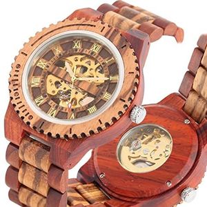 Handgemaakt Luxe Mens Horloges Ronde Automatische horloge for Mannen Mode Houtklok Verstelbare Houten Armband Mechanische Polshorloge Huwelijksgeschenken (Color : Red Wood)