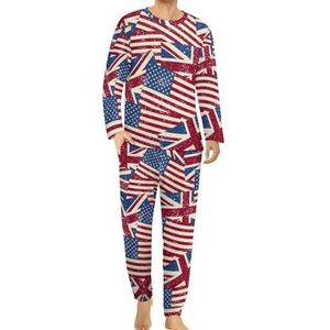 Retro Amerikaanse en Britse vlag comfortabele heren pyjama set ronde hals lange mouwen loungewear met zakken M