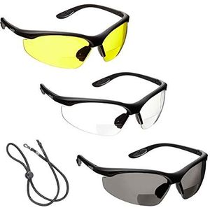 3 x voltX 'CONSTRUCTOR' BIFOCALE VEILIGHEIDSLEESBRIL (DOORZICHTIG, ROOKKLEURIG/GRIJS & GEEL +2.0 Dioptrie) CE EN166F Gecertificeerde/Fiets- + UV400 lens met anti-mist coating